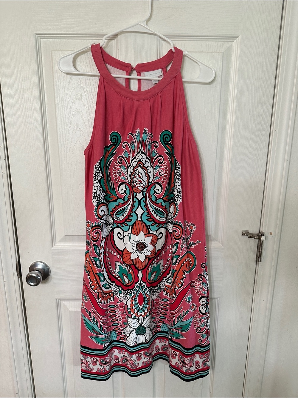 New York & Company Coral Halter Floral-Paisley Midi Dress